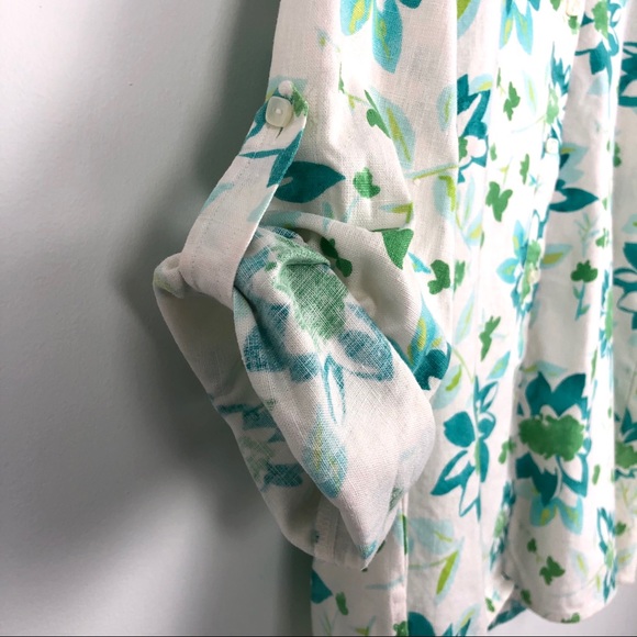 Kim Rogers Linen & Cotton Floral Button Down Top with Roll Tab Sleeves - Picture 4 of 12